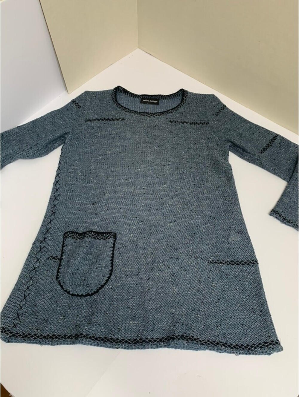 Julie’s Bottega Blue Art to Wear Knit Tunic Sweater Hand Stitch Detail